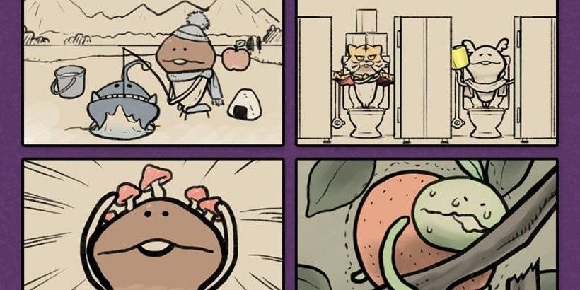 four panels. Top left shows a mushroom trying to get a big fish through a small hole in the ice. Top right shows mushroom on toilet in public restroom holding toilet paper. Bottom left shows a mushroom with little mushrooms on its head. Bottom right shows a green mushroom trying to push an orange off a branch