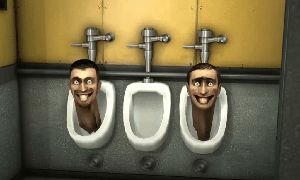 Heads emerging from a urinal in Skibidi Toilet, image from ShiinaBR's Twitter announcing the Fortnite collaboration