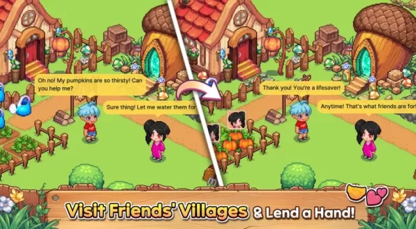 Two pixelated characters conversing against a vibrant floral backdrop