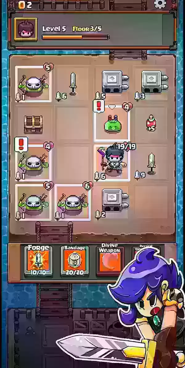 Une capture d'écran de Grid Expedition montrant un guerrier animesque aux cheveux bleus sur une bataille basée sur une grille jouant en arrière-plan