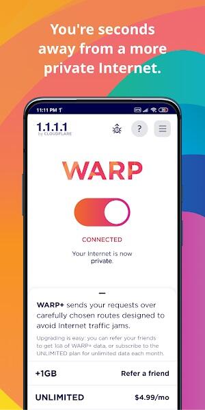 1.1.1.1 + WARP: Safer Internet Capture d'écran 1