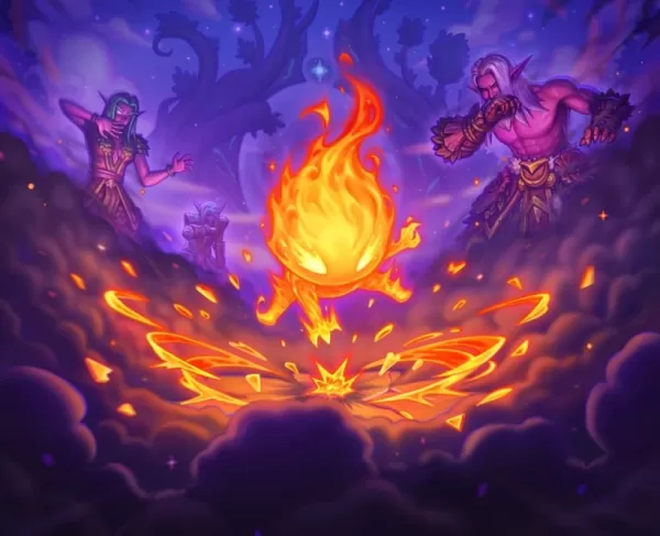A picture of a small, fiery imp throwing smoke at the ground to blind a group of elves surrounding it