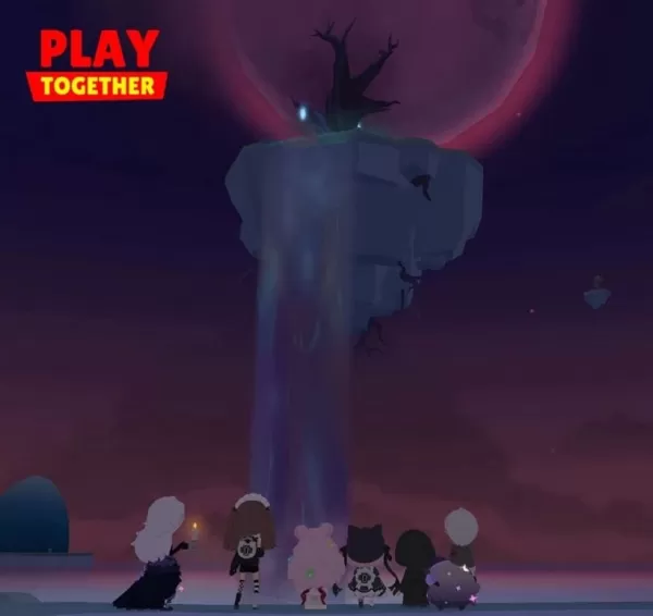 A picture of a group of people looking up on a floating island, the image has an overwhelming dark purple palette