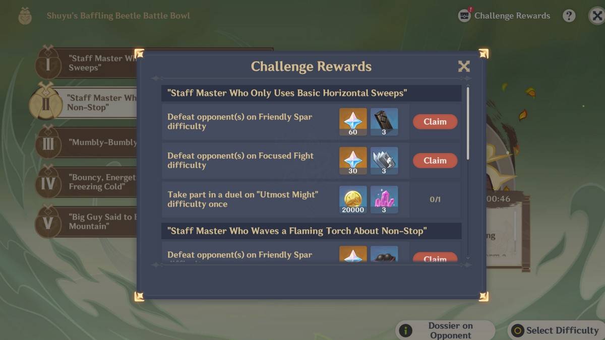 A screenshot from 원신 Shuyu의 Baffling Beetle Battle Bowl 이벤트의 도전 보상 섹션을 보여줍니다.