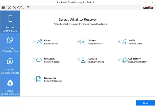 Stellar Data Recovery interface showing recovery options